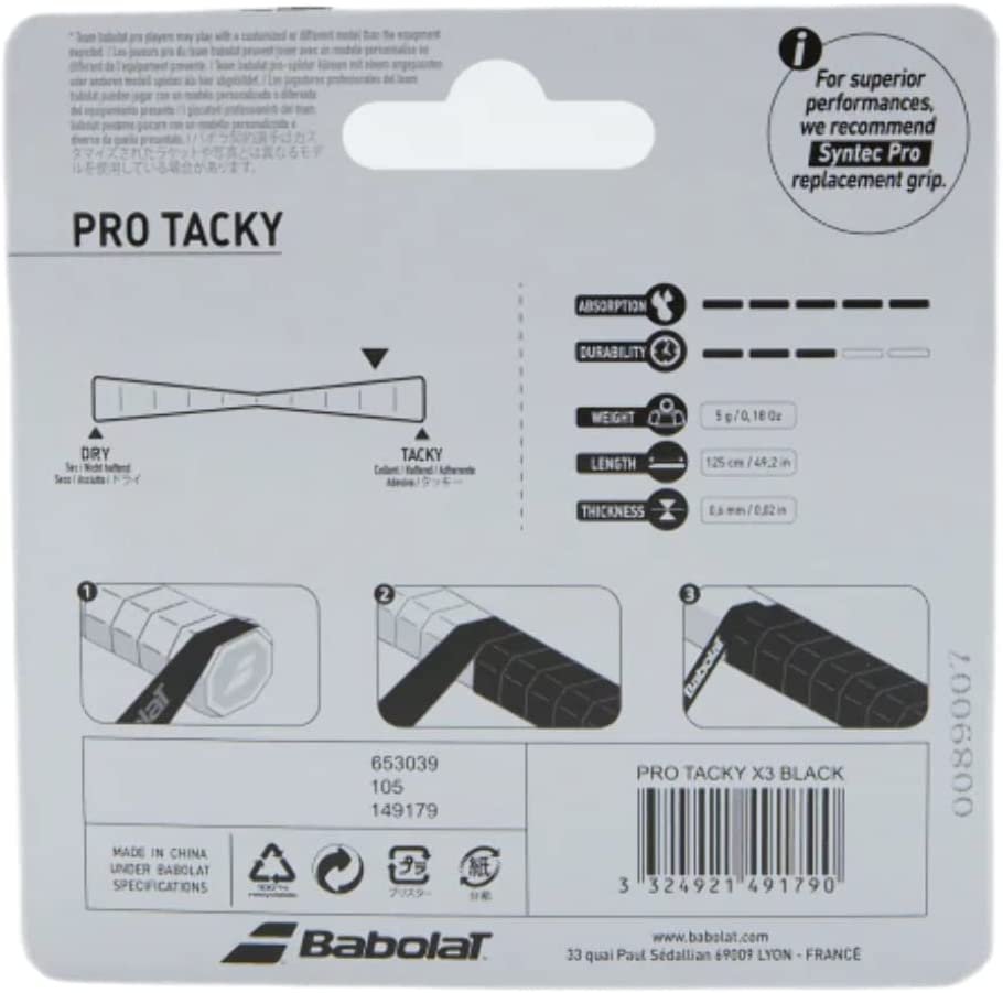 Babolat Pro Tacky Overgrip 3 Pack Black and Negro