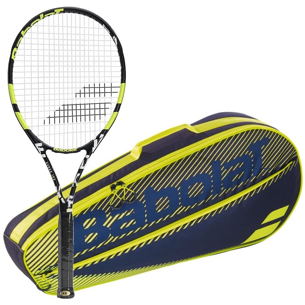 Babolat Evoke 102 Strung Tennis Racquet (Black/Yellow) Bundled with an RH3 Essential Tennis Bag